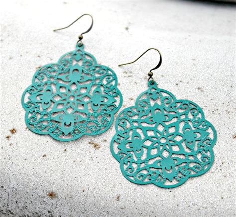 Large Teal Green Chandelier Earrings Blue Green Filigree Etsy