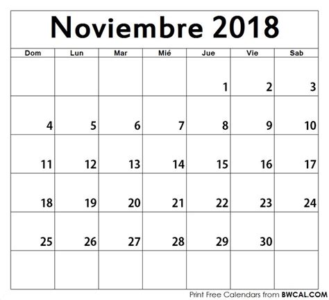 Blanco Calendario Noviembre 2018 Para Imprimir Calendario Imprimir