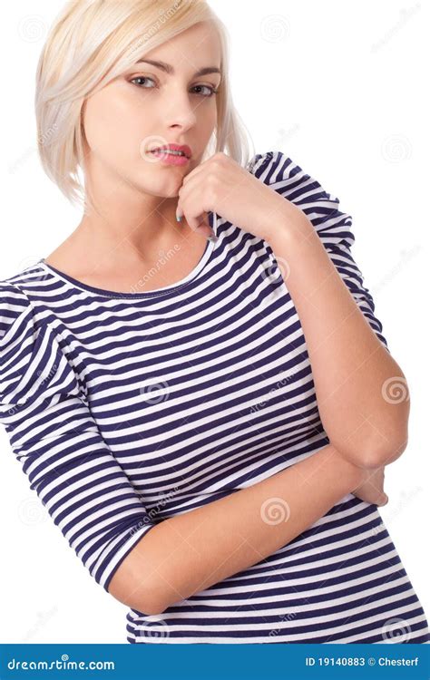 Blonde Woman Wearing Striped Dress Stock Image Image Of Adult Cute 19140883