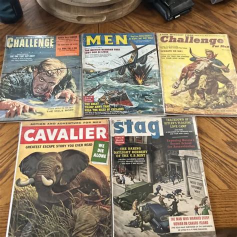 Lot Of 5 Vintage Mens Adventure Magazines 1950s Stag Cavalier