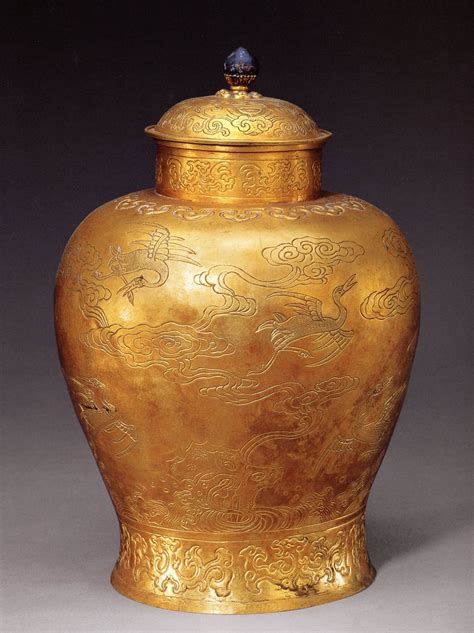 Tibet China Pure Gold Jar Engraved With Phoenixes On Display In