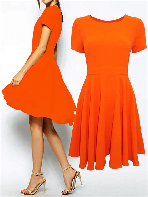 asos orange short sleeve dipped hem full skirt skater dress size 6 to 18