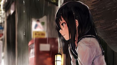 Download 1600x900 Wallpaper Anime Girl Rain School Dress Original