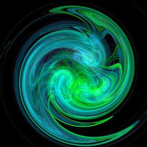 Aqua Blue Green Light Vortex Fractal Swirl In Black Abstract