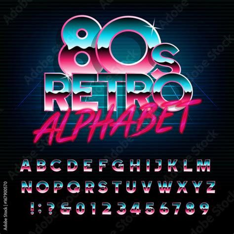 80s Retro Alphabet Font Metallic Effect Type Letters And Numbers