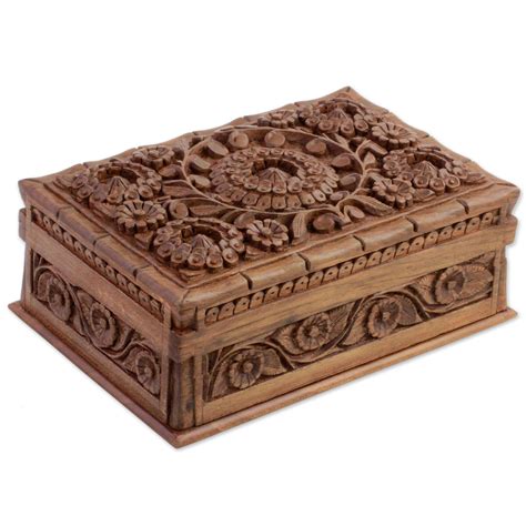 Hand Carved Indian Walnut Wood Floral Jewelry Box Kashmir Floral