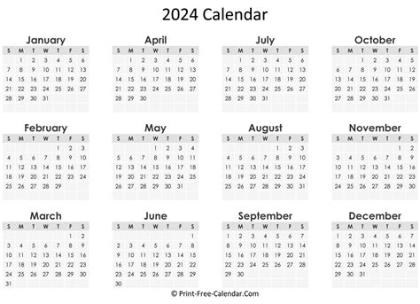 Yearly Calendar 2024 Free Download And Print 2024 Calendar Pdf Word