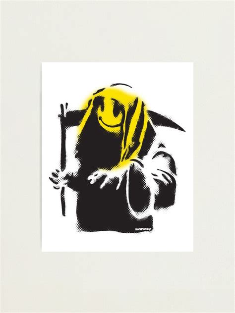 Banksy Graffiti Grim Reaper With Smiley Face Yellow And White
