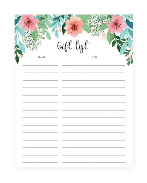 With these great games, your shower guests will feel relaxed and happy to be. Printable Gift List for Floral Baby Shower in 2020 | Baby shower gift list, Baby shower ...