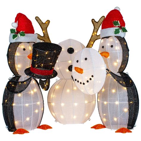 Set Of 3 Led Lighted Penguins Building Snowman Outdoor Christmas
