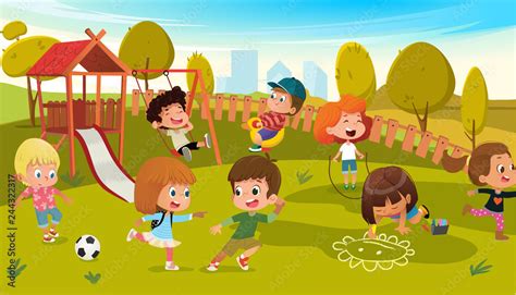 Kids Play Park Playground Vector Illustration Children Swing Outdoor