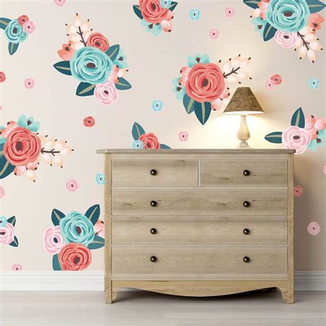 Pinktealcoral Graphic Flower Clusters Urbanwalls