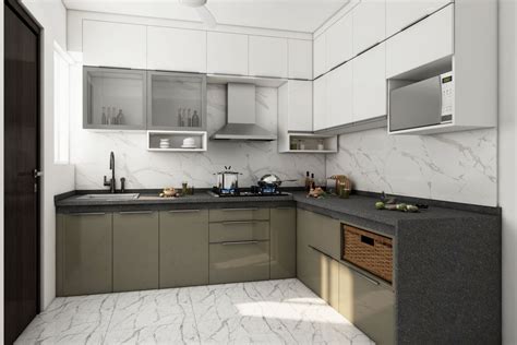 Modular Indian Kitchen Design With Autumn Leaf Green And Frosty White