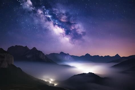 Milky Way Over Mountains In Fog At Night In Summer Landscape With