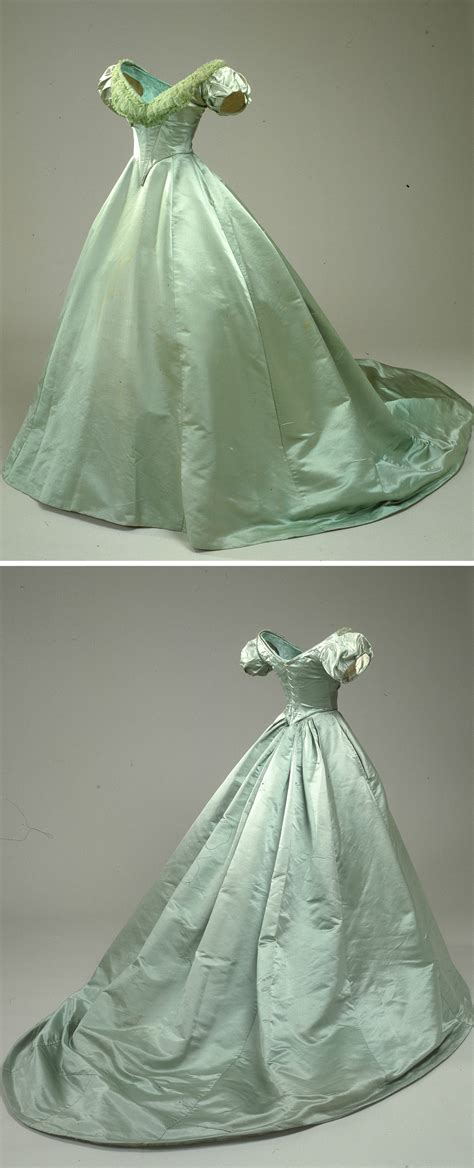 Made of blue satin, blue cotton lining and gold upholstry trim. 1860s Green ball gown belonging to Queen Louise of Denmark ...