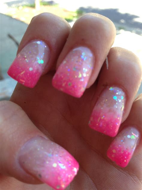 Hot Pink And White Ombré Tip Nails With Glitter Pink Glitter Nails