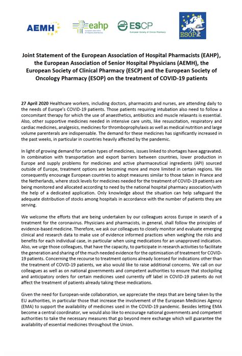 Eu Monitor Eahp Aehm Escp And Esop Release Joint Statement On Covid