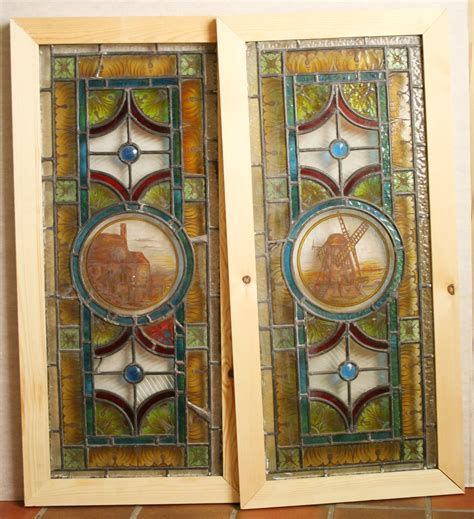 Ref Vic468 2 Antique Victorian Stained Glass Windows Country