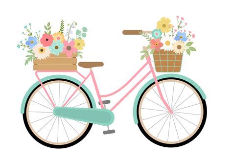 Hand Drawn Spring Floral Turquoise Bike Isolated On White Background