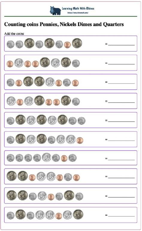 Counting Usa Coins Pennies Nickels Dimes And Quarters 5 Worksheets