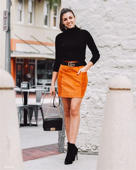 What To Wear With An Orange Skirt 34 Outfit Ideas Black Top Outfit Orange Pencil Skirts