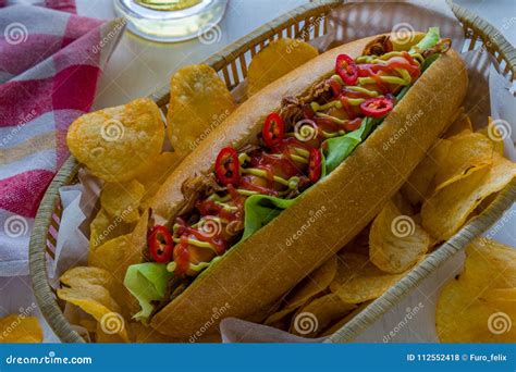 Hot Dog With Potato Chips Stock Photo Image Of Fresh 112552418