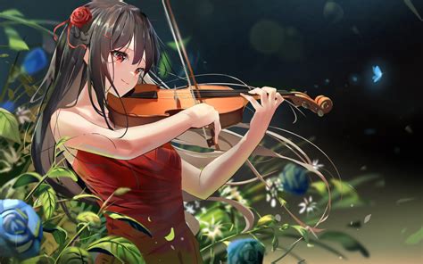 Anime Girl In A Red Dress Playing The Violin By 智瀬といろ