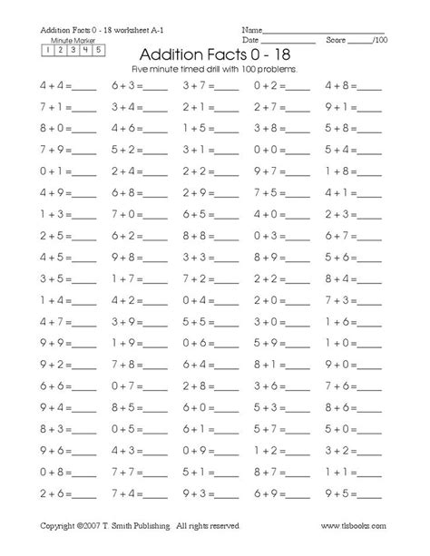 Timed Math Drill Sheets Five Minute Addition 0 18 Math Addition