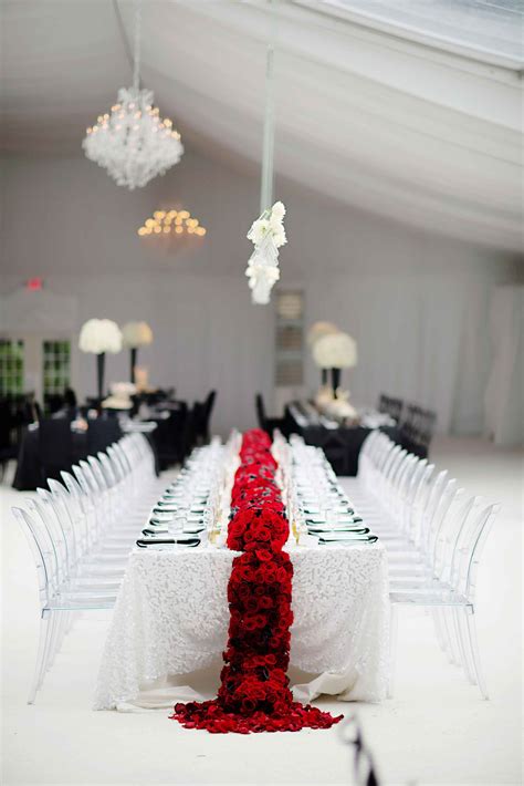 Red Floral Runner And Ghost Chairs At Modern Wedding Photography