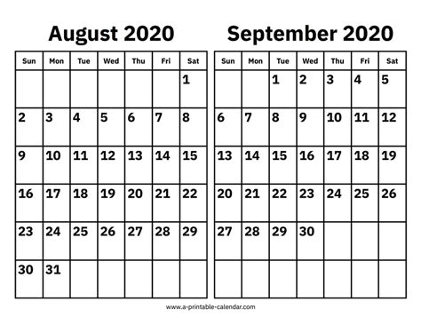 August And September 2020 Calendar Printable Calendar 2020