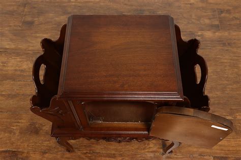 Carved Walnut Antique Chairside Tobacco Humidor And Magazine Rack