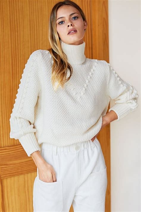 Mila Sweater Ivory Popcorn Lines Ladies Turtleneck Sweaters