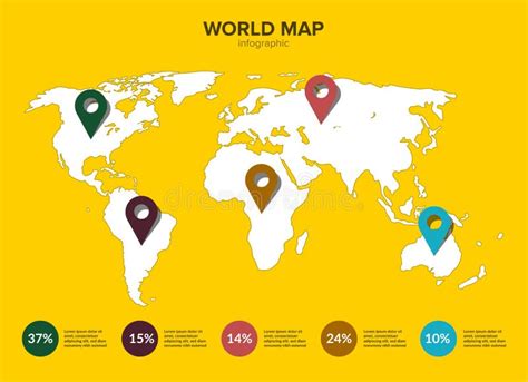 World Map Infographic 5 Multi Colored Pins On The Continents Vector