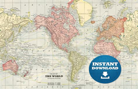 Digital Old World Map Printable Download Vintage World Map Printable