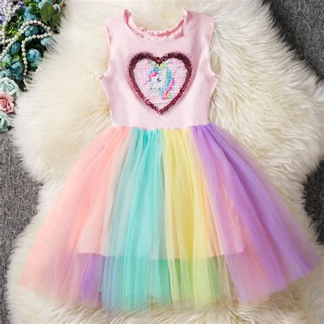 Sequined Heart Designed Unicorn Dress For Girls Unicorn Party Rainbow