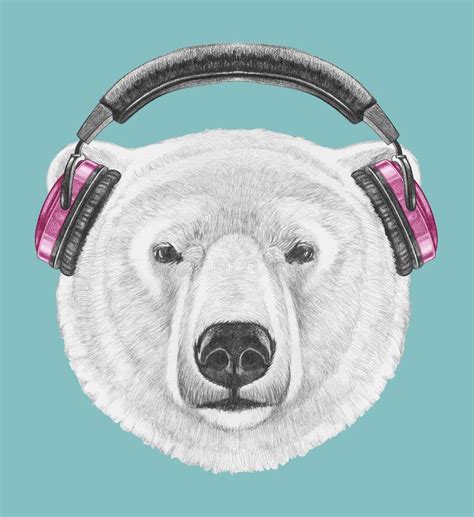 Portrait Of Polar Bear With Headphones Hand Drawn Illustration Stock