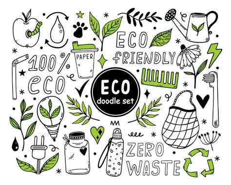 Eco Doodles Vector Set Symbols Of Environmental Care Zero Waste