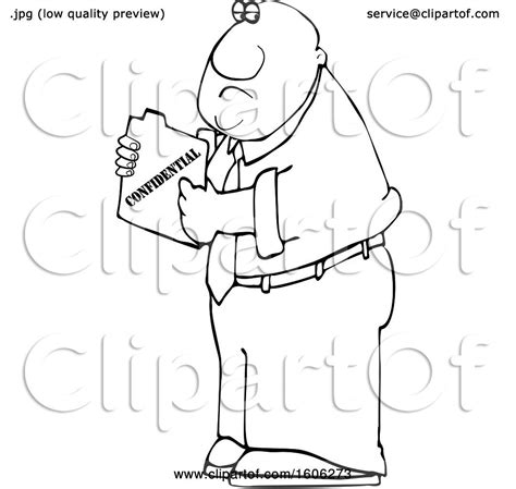 Clipart Of A Cartoon Lineart Black Business Man Holding A