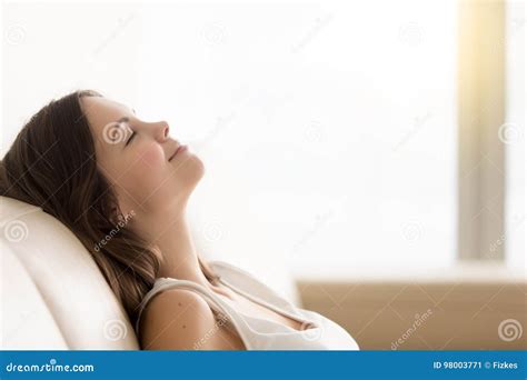 Relaxed Young Woman Enjoying Rest On Comfortable Sofa Copy Spac Stock Image Image Of Calm