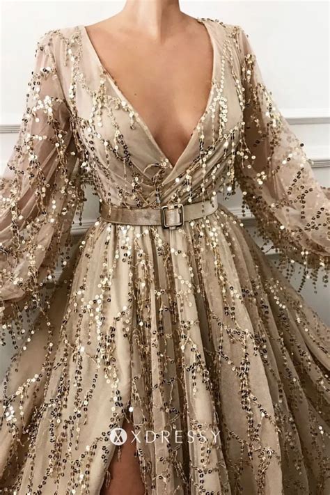 Gold Sequin Tulle Long Sleeve Puffy Prom Ball Gown Xdressy