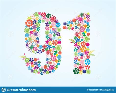 Vector Colorful Floral 91 Number Design Isolated On White Background ...