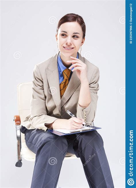 Business People Ideas Positive Caucasian Brunette Woman In Formal Blue Shirt And Tie Posing In