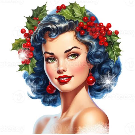Vintage Christmas Pinup Girl Black Hair Holy Leaf And Cherry Isolated
