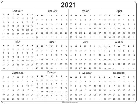 Us edition with federal holidays and observances; Blank Yearly Calendar 2021 | Calendar Template Printable