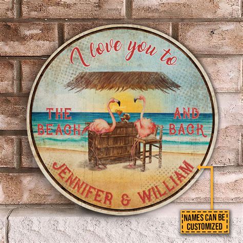 Personalized Flamingo Love You To The Beach Customized Wood Circle Sig