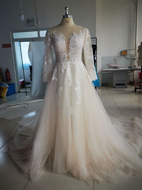 Champagne Tulle Wedding Dress With Illusion Lace Long Sleeves On Storenvy