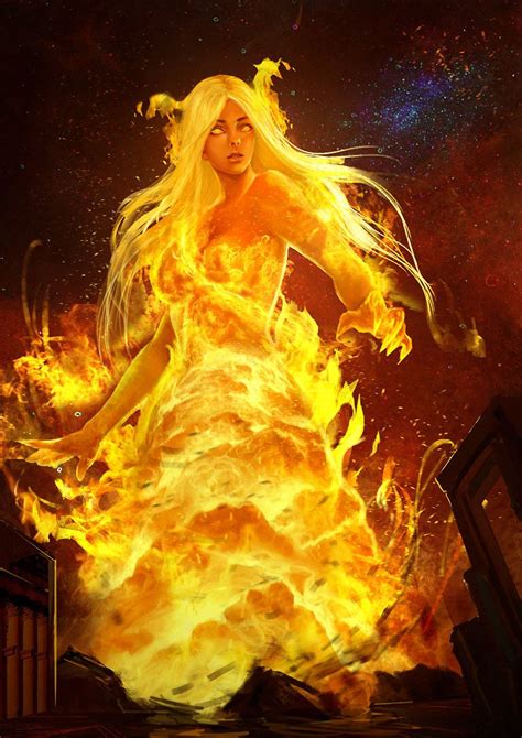 A Woman With Long Blonde Hair Standing In Front Of A Fire Filled Sky And Surrounded By Flames