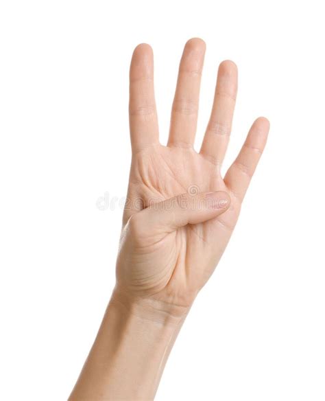 Man Showing Four Fingers On White Background Closeup Stock Photo