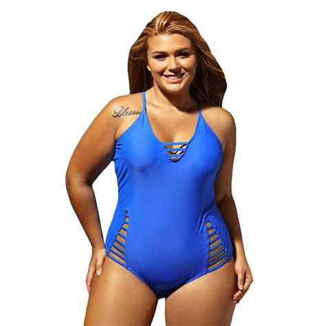 2018 Sexy One Piece Swimsuit Women Plus Size Lacing Cutout Girls Swimwear Push Up Monokini Blue