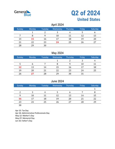 Q2 2024 Quarterly Calendar With United States Holidays